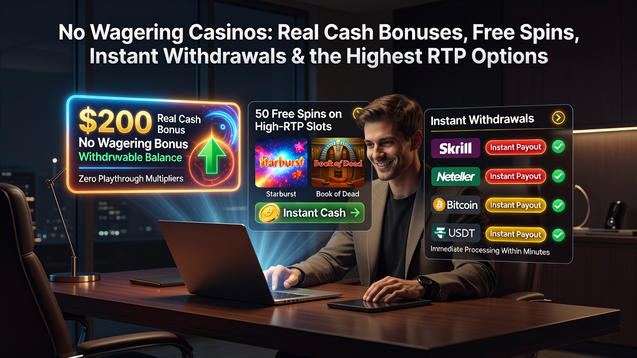 No Wagering Casinos: Real Cash Bonuses, Free Spins, Instant Withdrawals & the Highest RTP Options
